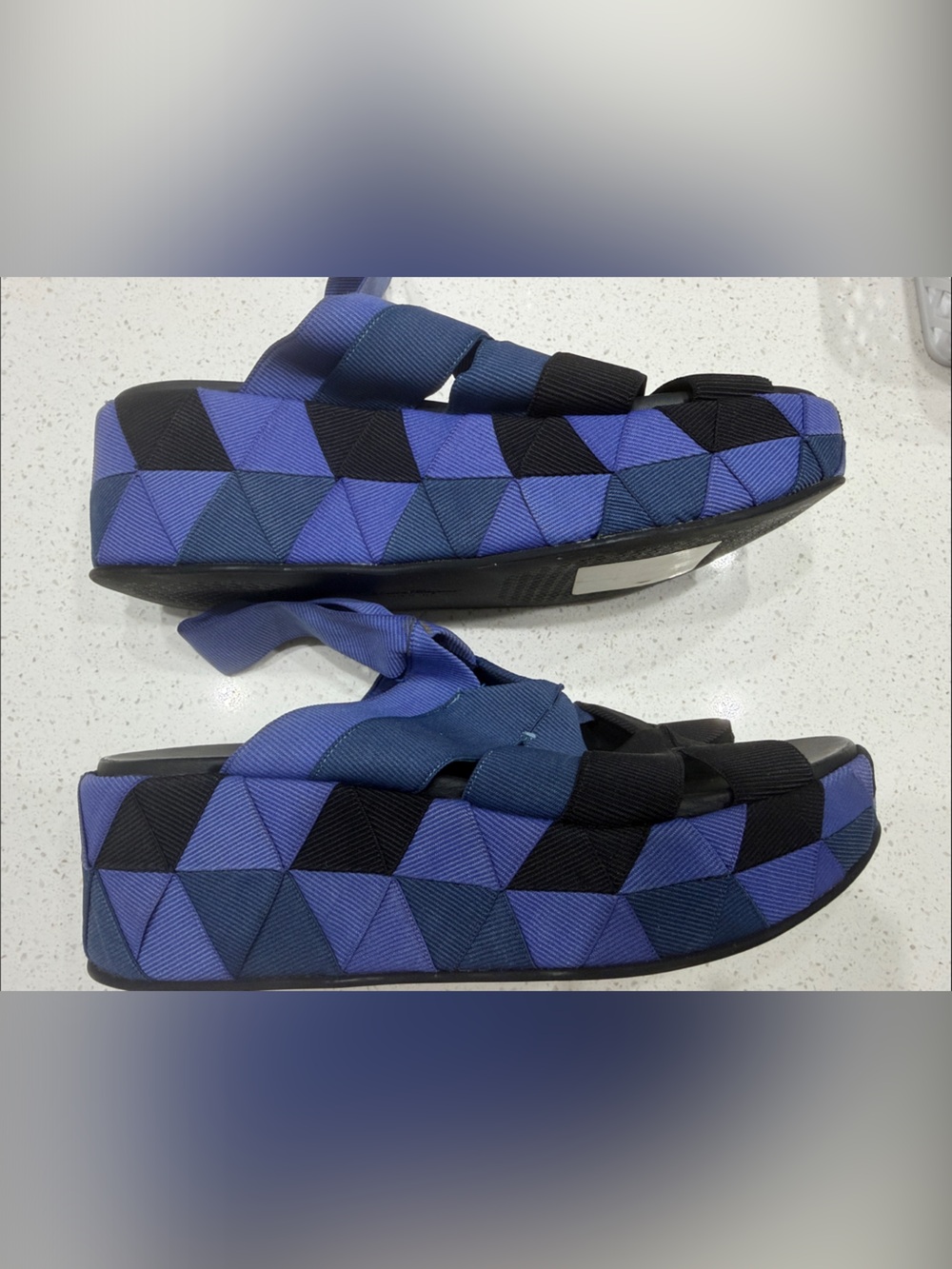 Salvatore Ferragamo Blue and Black Geometric Woven Platform Sandals